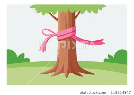 Tree with a pink ribbon tied around it to show support for breast cancer awareness 118814547