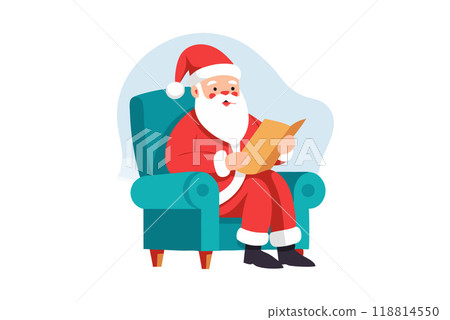 Illustration of Santa Claus reading a letter while sitting on a chair 118814550