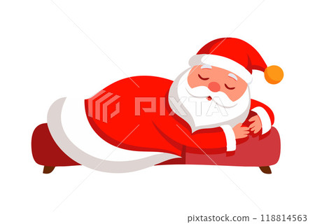 Santa Claus sleeping peacefully on a couch in a festive Christmas setting, displaying relaxation and holiday spirit Santa Claus sleeping peacefully on a couch in a festive Christmas setting, displaying relaxation and holiday spirit 118814563