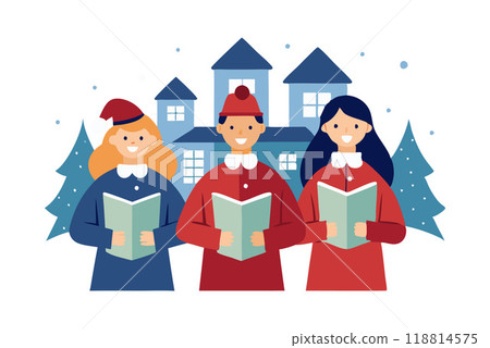 Illustration of children singing Christmas carols outdoors with festive winter background 118814575