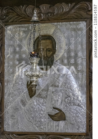 Montenegro, Kotor. Orthodox icon inside the Saint Nicholas Church. Montenegro, Kotor. Orthodox icon inside the Saint Nicholas Church. 118814597
