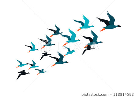 Colorful vector illustration of a flock of birds flying in formation 118814598