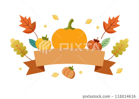 Autumn harvest illustration with pumpkins and fall leaves banner 118814616