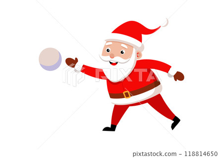 Joyful Santa Claus throwing snowball in Christmas attire on white background 118814650