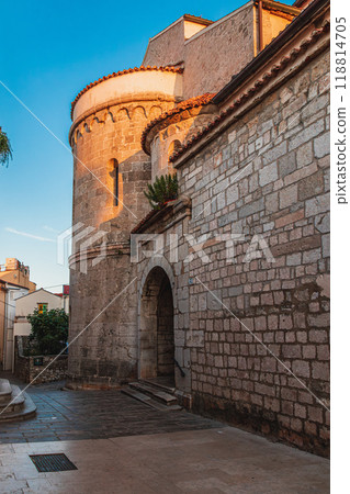 Krk Croatia 28.06.24A quiet street at dawn near an old church Krk Croatia 28.06.24A quiet street at dawn near an old church 118814705