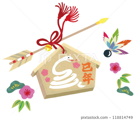 Paper cutout votive plaque for the year of the snake with hamaya arrow, pine, bamboo and plum and feathers 118814749