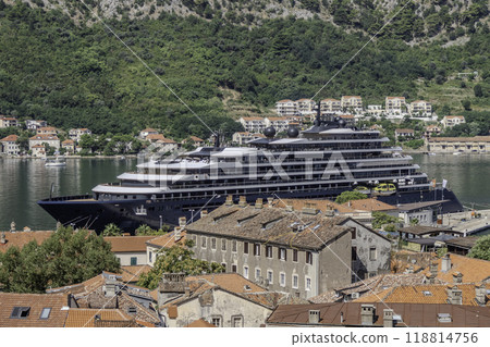 Montenegro, Kotor. Cruise ship Evrima in the Bay of Kotor. Montenegro, Kotor. Cruise ship Evrima in the Bay of Kotor. 118814756