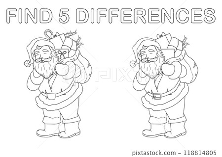 Find differences game for children. Christmas black and white educational activity with Santa. Find differences game for children. Christmas black and white educational activity with Santa. 118814805