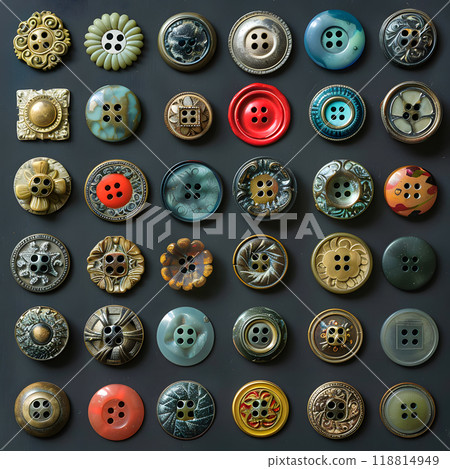 Collection of vintage buttons displayed on a dark background showcasing various styles, shapes, and vibrant colors perfect for crafting projects 118814949