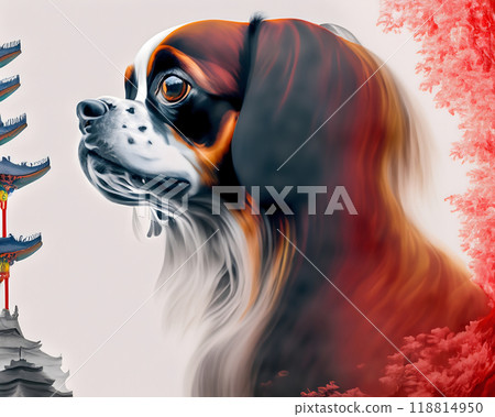 Majestic Pekingese gazes thoughtfully amid autumn foliage and a traditional pagoda in China 118814950