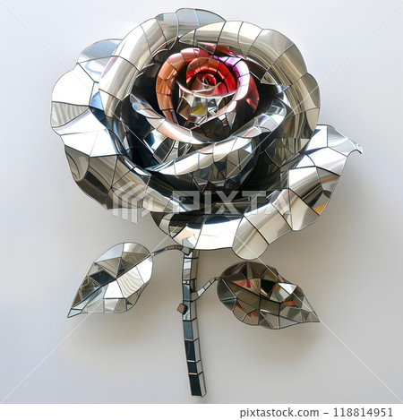 Stunning mirror rose sculpture showcasing meticulous craftsmanship and reflecting light in various hues, created indoors with artistic precision 118814951