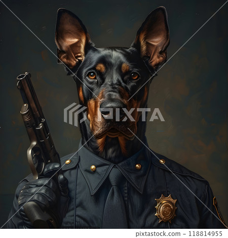 Trained Doberman in a full police uniform stands confidently, aiming a pistol with precision during a law enforcement training session 118814955