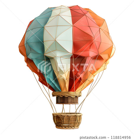Vibrant geometric color balloon soaring in the blue sky during a calm afternoon, surrounded by distant green hills and bright sunshine 118814956