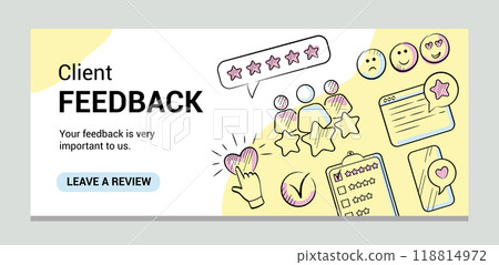 Feedback or review banner template. Rating, five stars, like doodle icons. 118814972