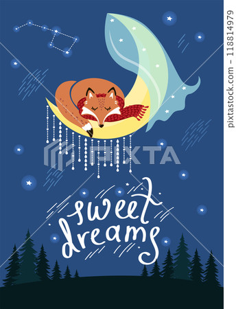 Fox sleeps on the moon at night, dark forest and lettering. Vector illustration is suitable for a poster or card 118814979