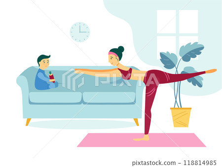 A woman does yoga at home. Mom and child doing exercises in the apartment. Vector concept. A woman does yoga at home. Mom and child doing exercises in the apartment. Vector concept. 118814985