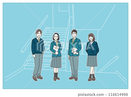 Full-body illustration of a smiling student in uniform in a school corridor 118814998