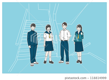學校走廊上穿著制服的微笑學生的全身插圖 118814999