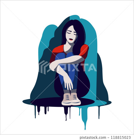 Concept of mental disorder, sorrow and anxiety. Human hand helps. Sad lonely woman in depression. Vector illustration. Flat. 118815023
