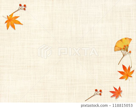 Wallpaper background material of autumn maple leaves, ginkgo trees, ginkgo nuts and nuts on beige cloth Wallpaper background material of autumn maple leaves, ginkgo trees, ginkgo nuts and nuts on beige cloth 118815053