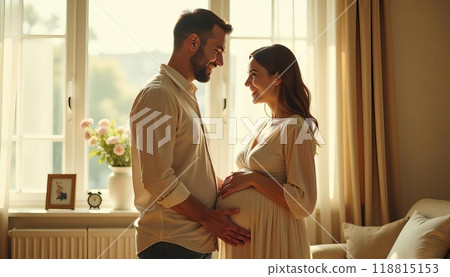 Family Bliss, Smiling Pregnant Father and mother Exemplifying the Beauty of Human Relationships 118815153