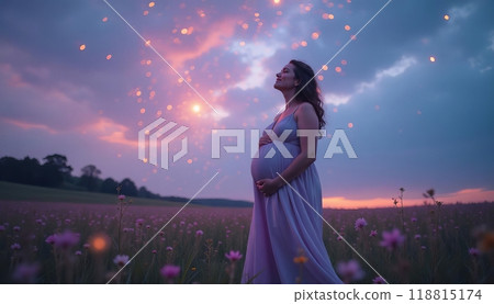 happy pregnant woman holding her belly, beautiful magical background, shooting stars 118815174