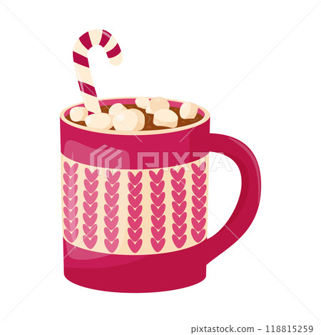 Cocoa with marshmallows, hot chocolate with marshmallows, caramel in red cup. Cozy winter drink. Vector illustration on a white background. Cocoa with marshmallows, hot chocolate with marshmallows, caramel in red cup. Cozy winter drink. Vector illustration on a white background. 118815259