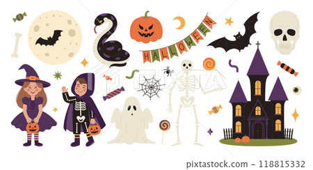 Halloween elements set with kids in costumes, scary castle, ghost, skeleton, skull, bat, snake, pumpkin, moon and sweets. Happy Halloween stickers. Cute holiday collection. Vector illustration Halloween elements set with kids in costumes, scary castle, ghost, skeleton, skull, bat, snake, pumpkin, moon and sweets. Happy Halloween stickers. Cute holiday collection. Vector illustration 118815332