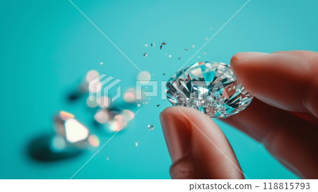 Hand holding sparkling diamond with scattered fragments Hand holding sparkling diamond with scattered fragments 118815793
