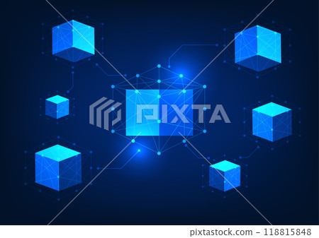 Blockchain technology, square blockchain boxes connected by lines and circuit lines, representing secure data structure and reliable transactions. Blockchain technology, square blockchain boxes connected by lines and circuit lines, representing secure data structure and reliable transactions. 118815848