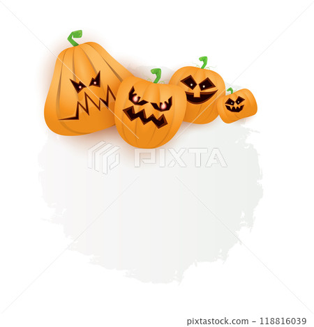 Halloween web white grunge cartoon Banner or poster with Halloween scary pumpkins isolated on transparent background . Funky kids Halloween png banner with space for greeting text or sale 118816039
