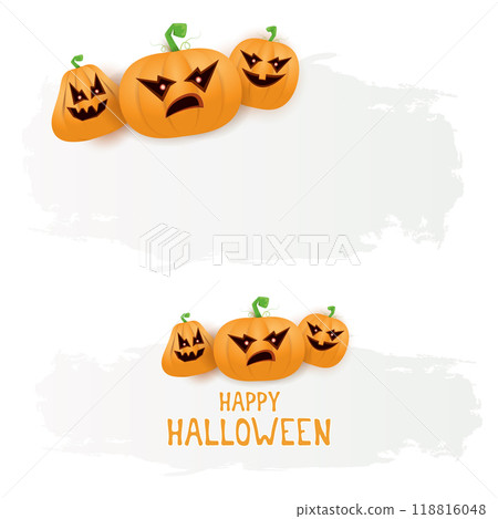 Halloween web white grunge cartoon Banner or poster with Halloween scary pumpkins isolated on transparent background . Funky kids Halloween png banner with space for greeting text or sale Halloween web white grunge cartoon Banner or poster with Halloween scary pumpkins isolated on transparent background . Funky kids Halloween png banner with space for greeting text or sale 118816048