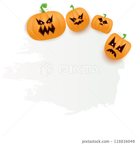 Halloween web white grunge cartoon Banner or poster with Halloween scary pumpkins isolated on transparent background . Funky kids Halloween png banner with space for greeting text or sale 118816049