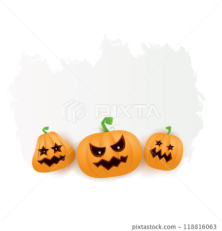 Halloween web white grunge cartoon Banner or poster with Halloween scary pumpkins isolated on transparent background . Funky kids Halloween png banner with space for greeting text or sale 118816063