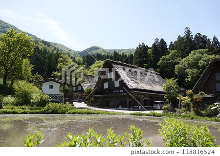 白川鄉美麗清新的綠色山脈和合掌造房屋 白川鄉美麗清新的綠色山脈和合掌造房屋 118816524
