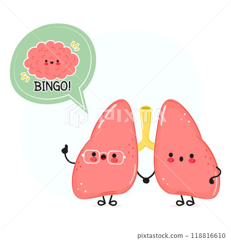 Lungs with speech bubble and brain character. Vector hand drawn cartoon kawaii character illustration. Isolated white background. Lungs poster and brain 118816610
