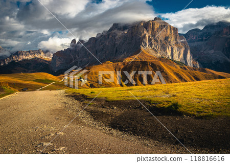 Stunning misty mountains view at autumn, Sella group, Dolomites, Italy Stunning misty mountains view at autumn, Sella group, Dolomites, Italy 118816616