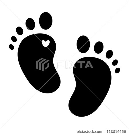 Baby feet. Icon of a baby footprint with a heart. Black and white illustration 118816666