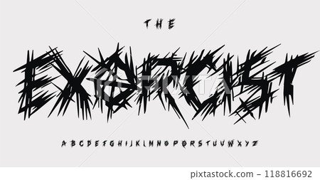 Crazy jagged alphabet, wall scratched letters, eerie chaotic font for punk thriller logo, creepy headline, rebellious typography, spiky edgy typographic design. Vector typeset. 118816692