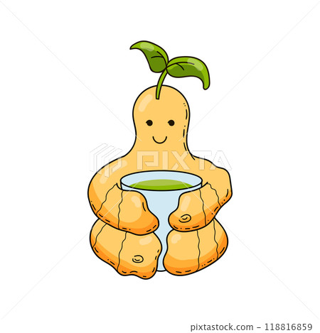 Funny ginger root with cup of tea. Cute vector character. 118816859