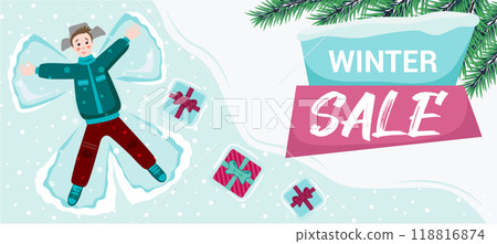 Winter Sale vector banner template. Man in winter clothes makes snow angel. Gift boxes on the snow. 118816874