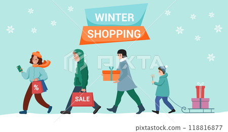 Winter shopping. Christmas sale. Happy people with packages and gifts rush to the store. Vector template for banner, leaflet, poster. Winter shopping. Christmas sale. Happy people with packages and gifts rush to the store. Vector template for banner, leaflet, poster. 118816877