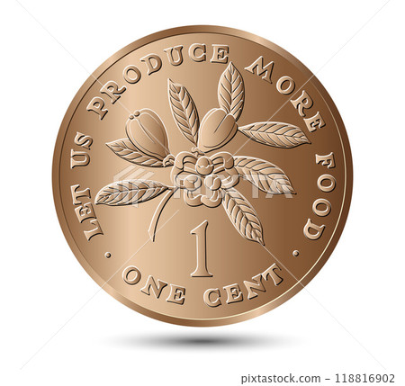1 cent 1971 to 1974 reverse, Jamaica. Ackee fruit above value, legend around. The ackee fruit is depicted at the top center of the coin. Vector illustration. 118816902