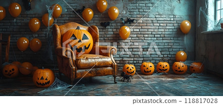 The Halloween scene with armchair, colorful balloons, decorations and old walls gives a sense of fun and mystery. The contrast between the colorful balloons and the old and charming charm of the wall. 118817028