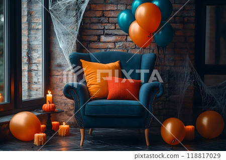 The Halloween scene with armchair, colorful balloons, decorations and old walls gives a sense of fun and mystery. The contrast between the colorful balloons and the old and charming charm of the wall. 118817029