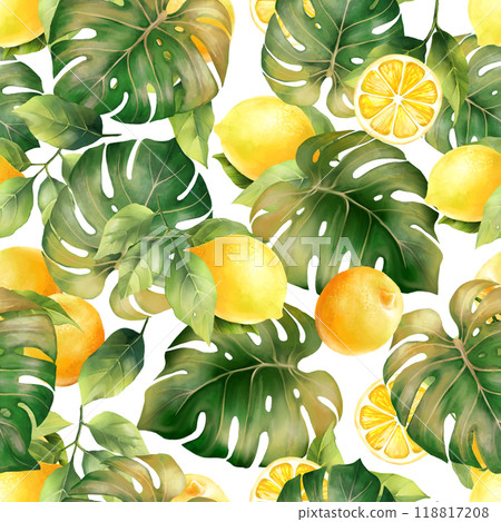 Watercolor lemon tropical pattern with monstera leaves. Tropical pattern for textiles, fabrics, prints, clothing, wallpaper 118817208