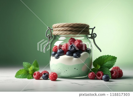 natural organic yogurt in a glass jar with berries, organic natural product natural organic yogurt in a glass jar with berries, organic natural product 118817303