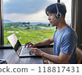 A man working from home and holding a remote meeting 118817431