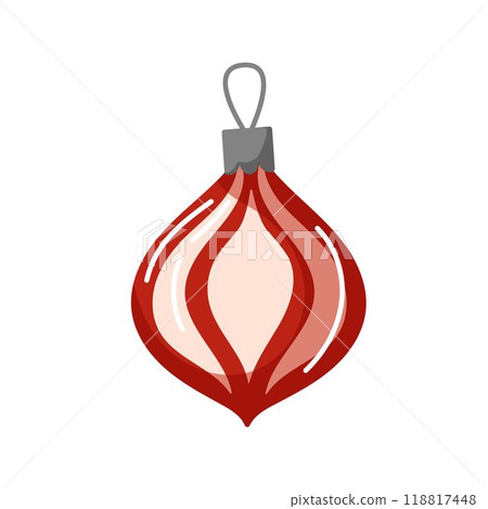 Red Christmas ball with simple details and a metal loop. Design for festive decoration, holiday cards in cartoon style. Isolated on a white background. 118817448