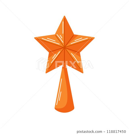 Star decoration for Christmas tree topper with a cone shaped base in cartoon style. The shiny festive star isolated on a white background. 118817450